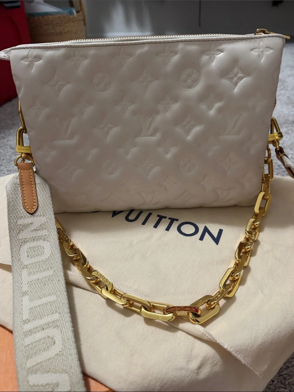 Louis Vuitton Cream Coussin PM Crossbody Bag with Gold Chain & adjustable strap